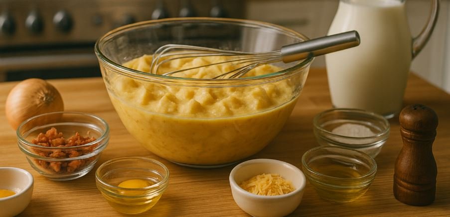 Cheesy Egg and Bread Bake with Beef Cubes Casserole