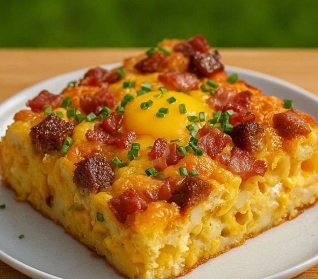 Cheesy Egg and Bread Bake with Beef Cubes Casserole