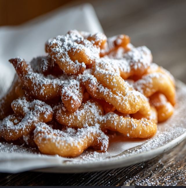 Homemade funnel cake bites dusted with powdered