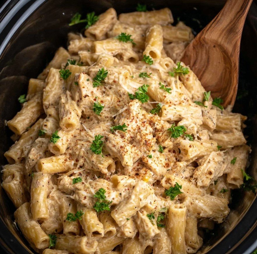 The Creamiest Crockpot Garlic Parmesan Chicken Pasta