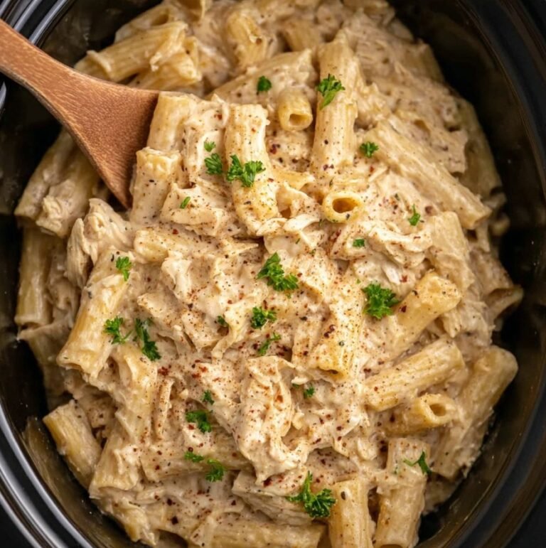 The Creamiest Crockpot Garlic Parmesan Chicken Pasta