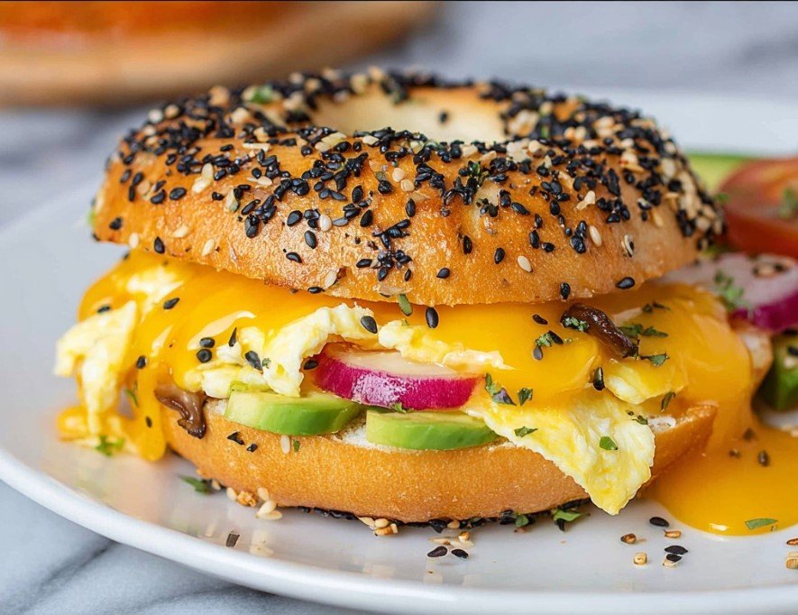 Delicious Bagel with Scrambled Eggs & Sautéed Mushrooms - A Cozy Breakfast