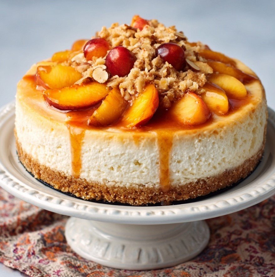 Indulgent Peach Cheesecake with Luscious Peach Topping