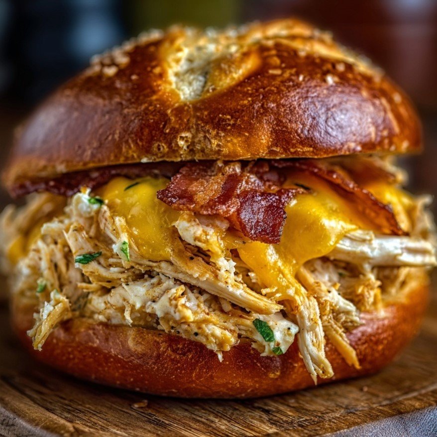 Delightful Shredded Chicken Bacon Cheese Sandwich on Pretzel Bun