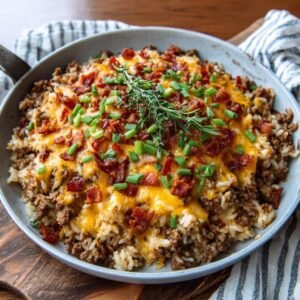 Cheesy Bacon Beef Rice Skillet: A Cozy Comforting Meal