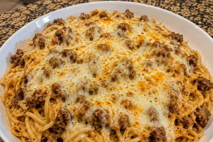 Cheesy Baked Spaghetti with Ground Beef