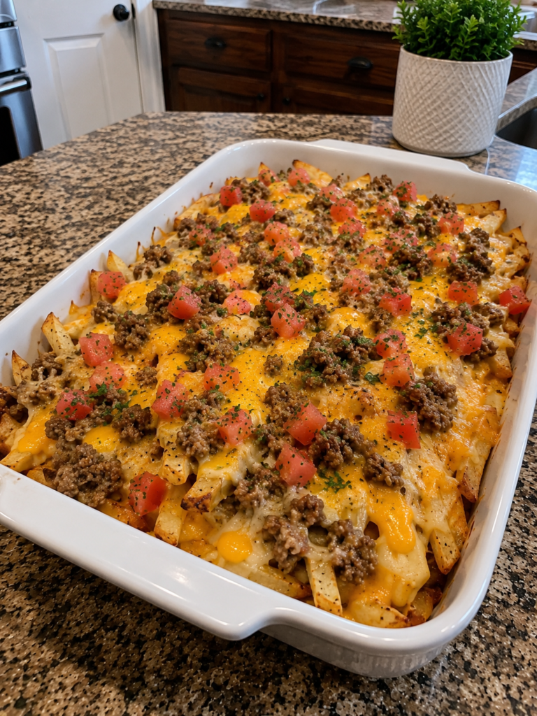 Loaded Cheesy Beef Fries Casserole 5 Loaded Cheesy Beef Fries Casserole
